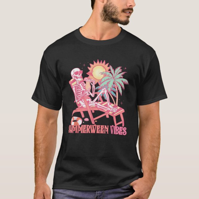 Summerween Vibes Skeleton Summer Vacation Beach Fu T-Shirt (Front)