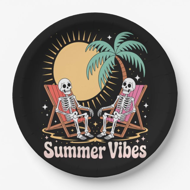 Summerween Vibes Skeleton Summer Vacation Beach Paper Plates (Front)