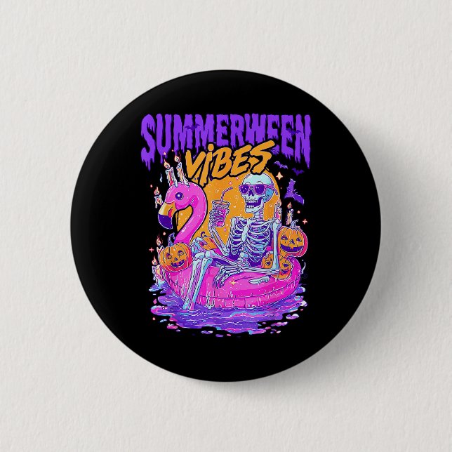 Summerween Vibes Spooky Skeleton Flamingo Pool Hal Button (Front)