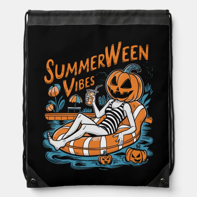 Summerween Vibes Spooky Summer Pumpkin Cute Drawstring Bag (Front)
