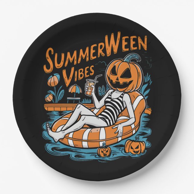 Summerween Vibes Spooky Summer Pumpkin Cute Paper Plates (Front)