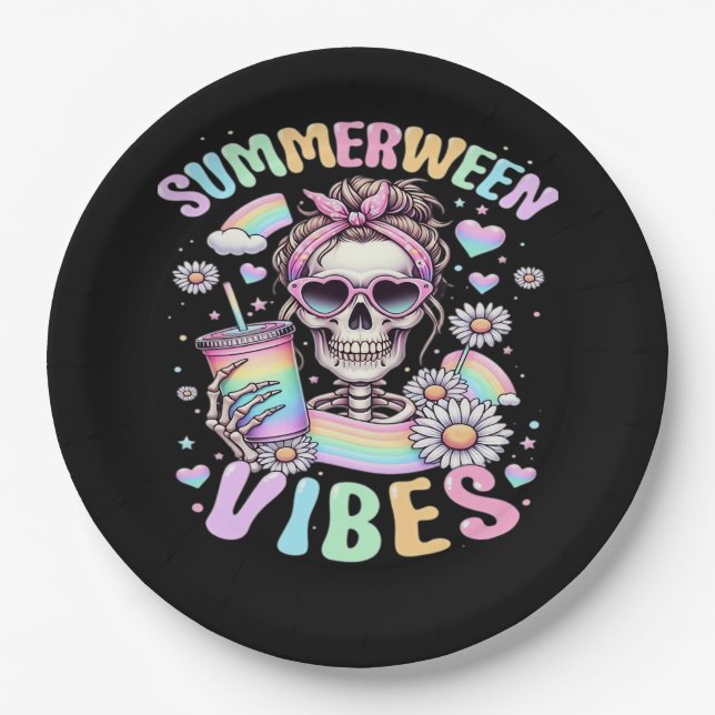 Summerween Vibes Sweet Skeleton Girl Summer Hallow Paper Plates (Front)