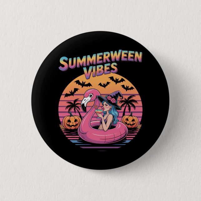 Summerween Vibes Witch Flamingo Button (Front)