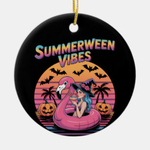Summerween Vibes Witch Flamingo Ceramic Ornament
