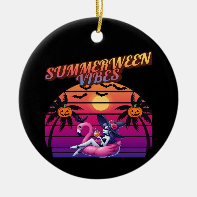Summerween Vibes Witch Flamingo Float, Witch Summe Ceramic Ornament (Front)