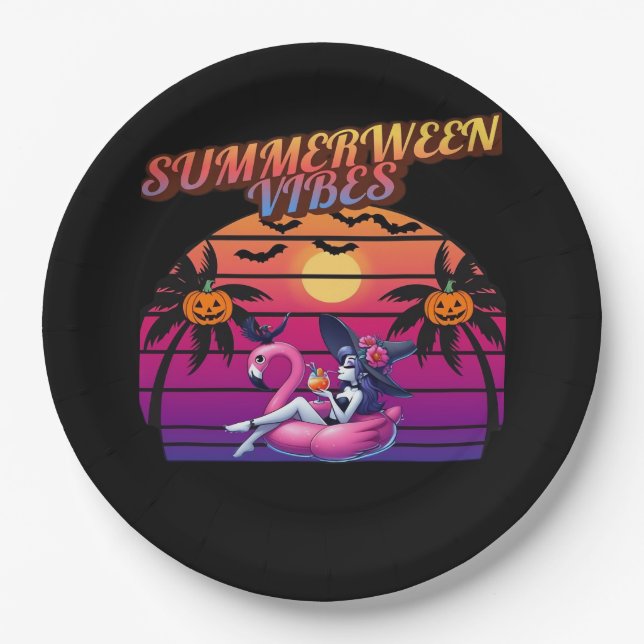 Summerween Vibes Witch Flamingo Float, Witch Summe Paper Plates (Front)
