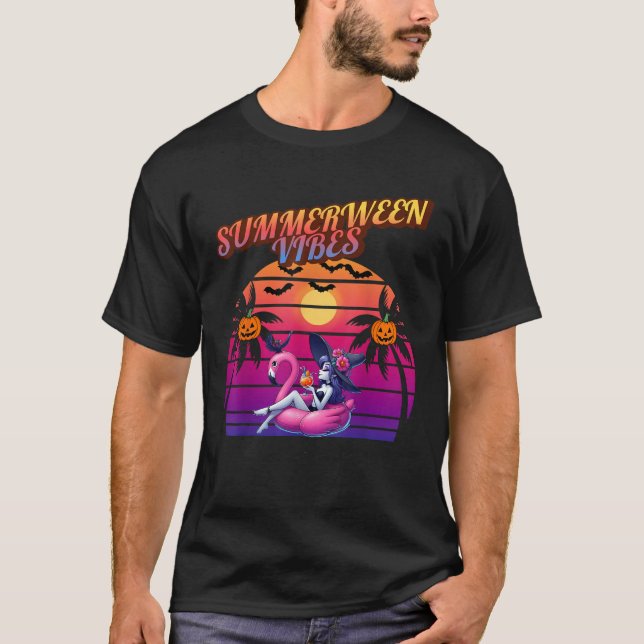 Summerween Vibes Witch Flamingo Float Witch Summer T-Shirt (Front)