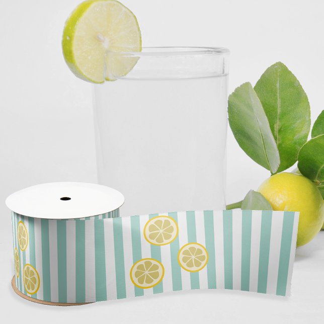 Summery Aqua Stripe & Lemon Slices - can add text Satin Ribbon (Creator Uploaded)