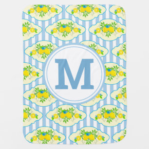 Summery Blue and Yellow Lemons Floral Pattern Baby Blanket