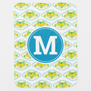 Summery Blue and Yellow Lemons Floral Pattern Baby Blanket