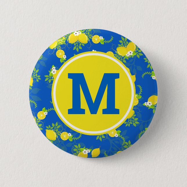 Summery Blue and Yellow Lemons Floral Pattern Button (Front)