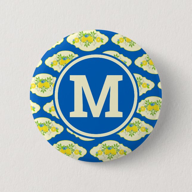 Summery Blue and Yellow Lemons Floral Pattern Button (Front)