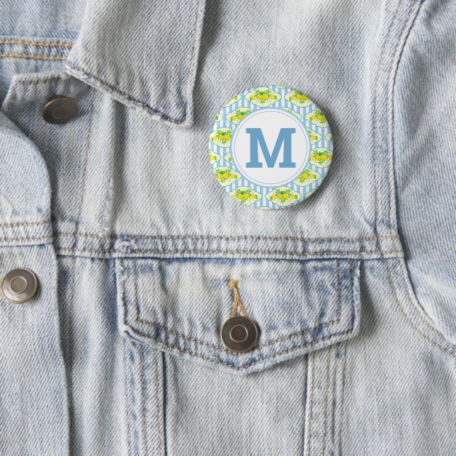 Summery Blue and Yellow Lemons Floral Pattern Button (In Situ)