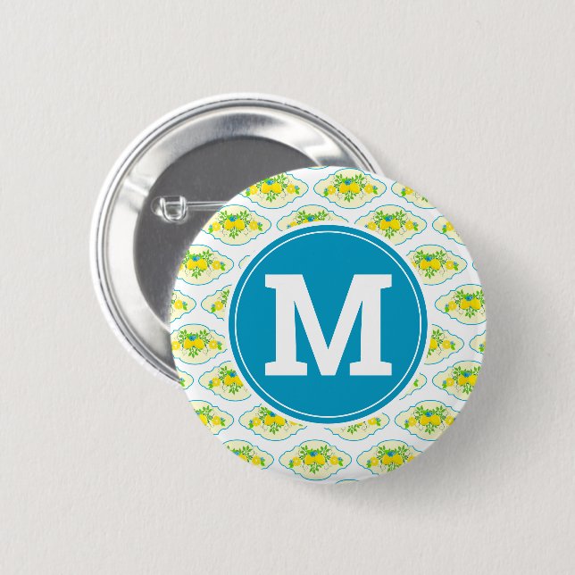Summery Blue and Yellow Lemons Floral Pattern Button (Front & Back)