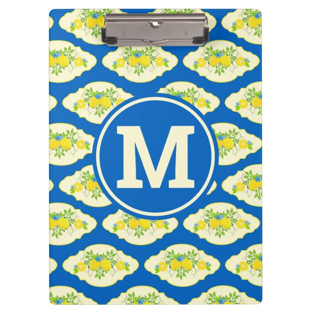 Summery Blue and Yellow Lemons Floral Pattern  Clipboard (Front)