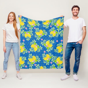 Summery Blue and Yellow Lemons Floral Pattern Fleece Blanket