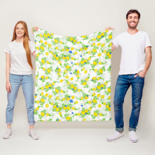 Summery Blue and Yellow Lemons Floral Pattern Fleece Blanket