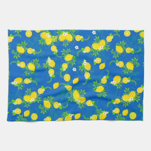 Summery Blue and Yellow Lemons Floral Pattern Kitchen Towel