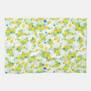 Summery Blue and Yellow Lemons Floral Pattern Kitchen Towel