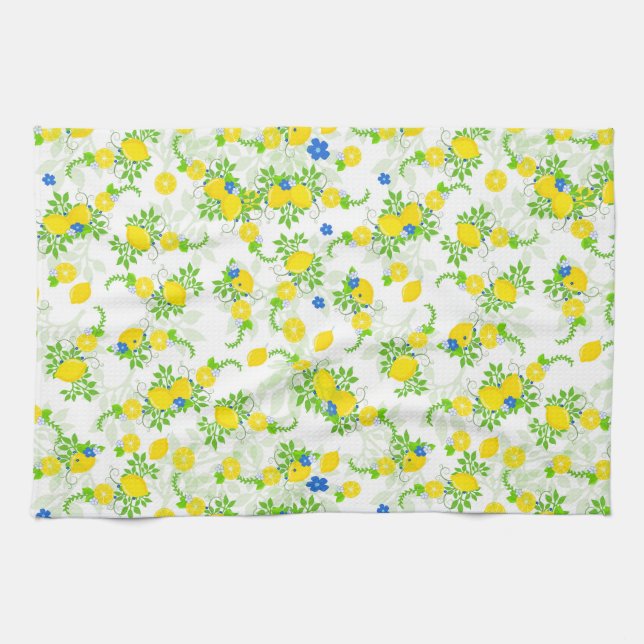 Summery Blue and Yellow Lemons Floral Pattern Kitchen Towel (Horizontal)