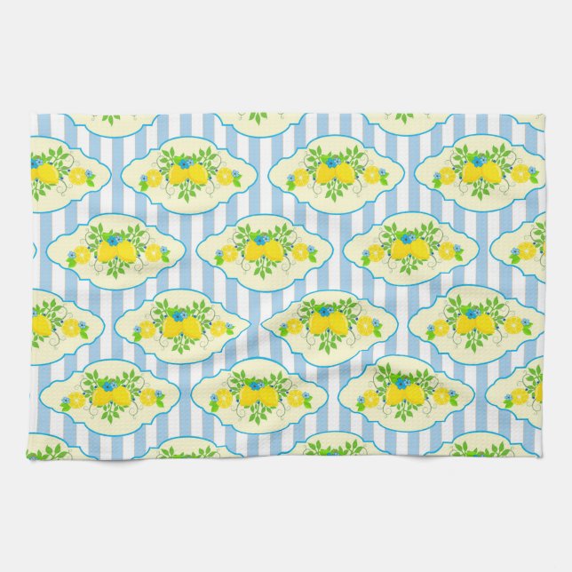Summery Blue and Yellow Lemons Floral Pattern Kitchen Towel (Horizontal)