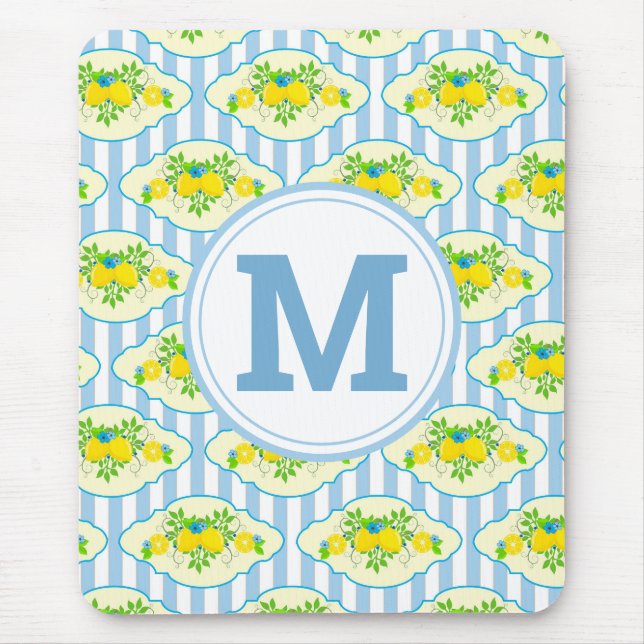 Summery Blue and Yellow Lemons Floral Pattern Mouse Pad (Front)