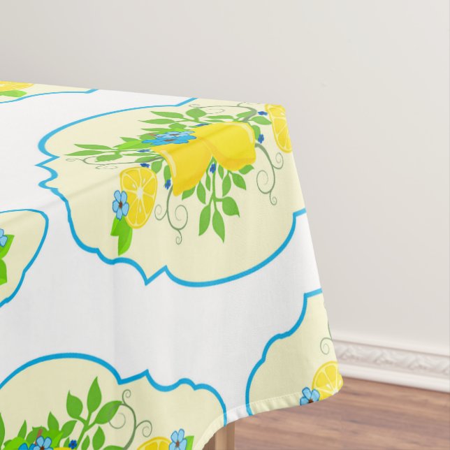 Summery Blue and Yellow Lemons Floral Pattern Tablecloth (In Situ)
