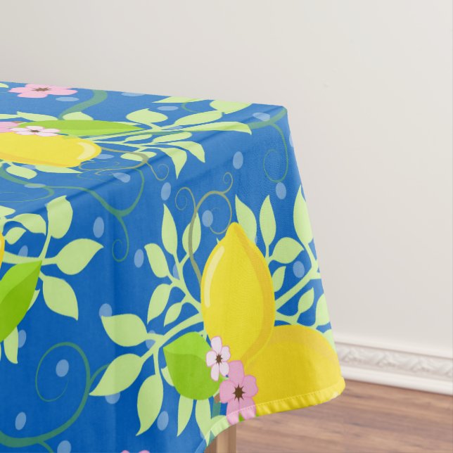 Summery Blue and Yellow Lemons Floral Pattern Tablecloth (In Situ)