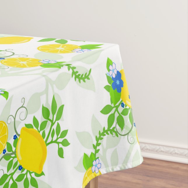 Summery Blue and Yellow Lemons Floral Pattern Tablecloth (In Situ)