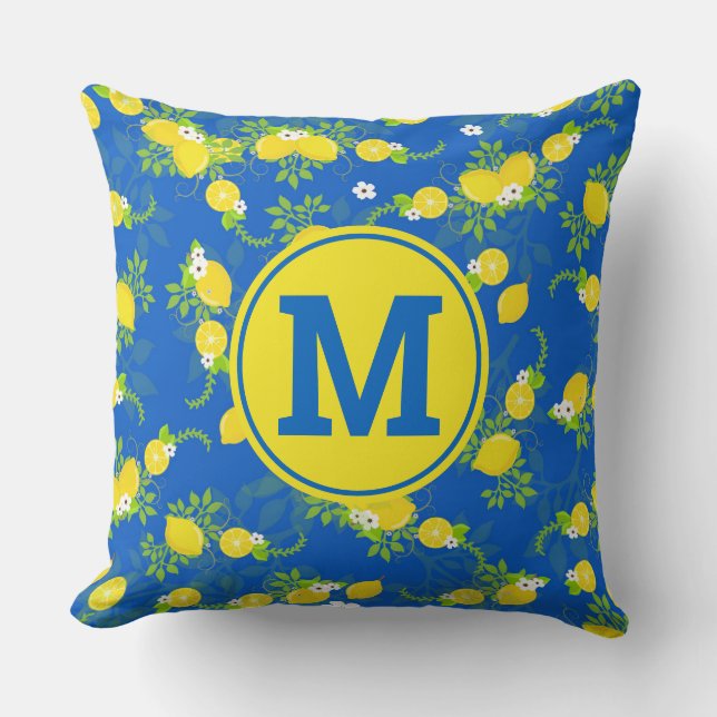 Summery Blue and Yellow Lemons Floral Pattern Throw Pillow (Front)