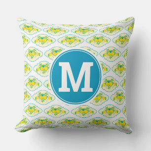 Summery Blue and Yellow Lemons Floral Pattern Throw Pillow