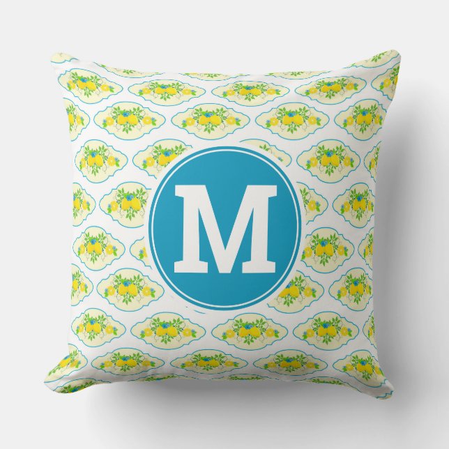 Summery Blue and Yellow Lemons Floral Pattern Throw Pillow (Front)