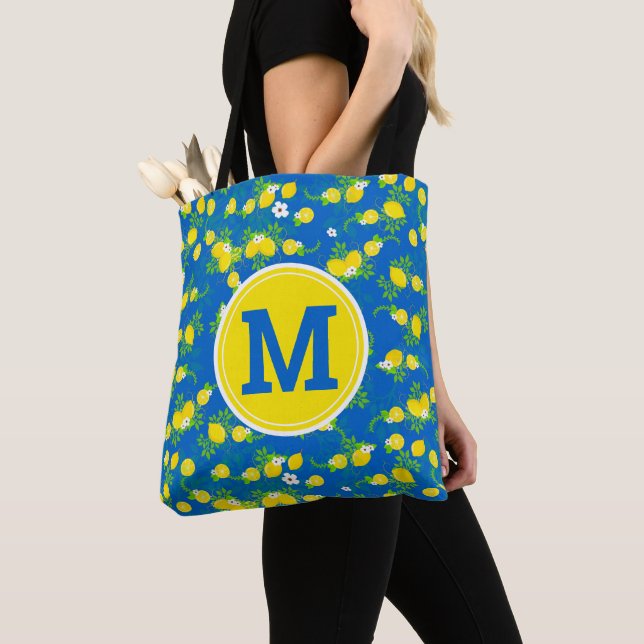 Summery Blue and Yellow Lemons Floral Pattern Tote Bag (Close Up)
