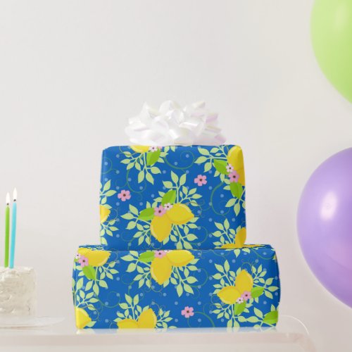 Summery Blue and Yellow Lemons Floral Pattern Wrapping Paper