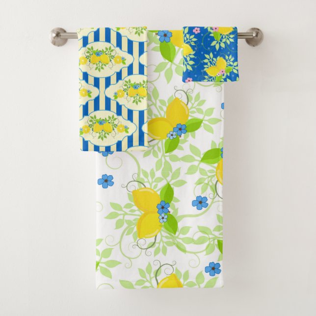 Summery Blue and Yellow Lemons Floral Patterns Bath Towel Set (Insitu)
