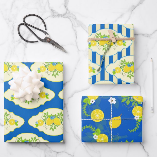 Summery Blue and Yellow Lemons Floral Patterns Wrapping Paper Sheets (Front)