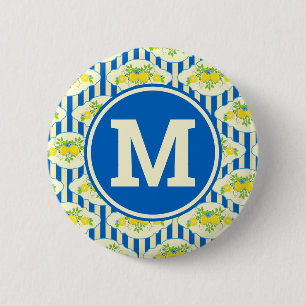 Summery Blue Stripes & Lemons and Leaves Pattern Button