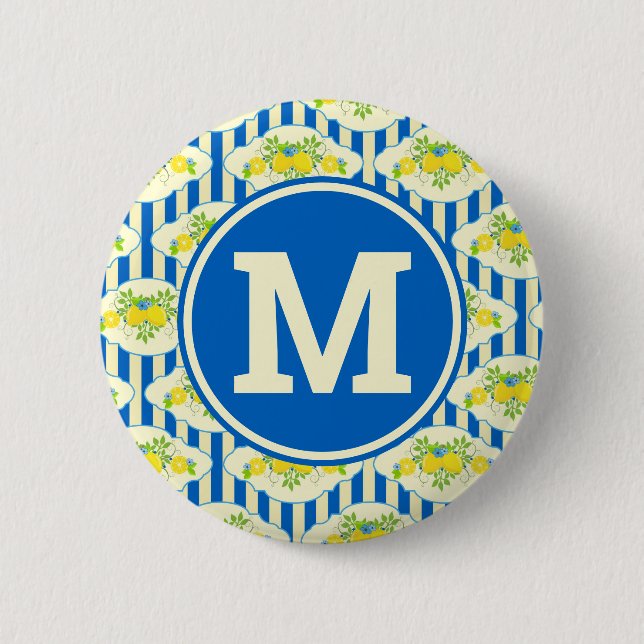 Summery Blue Stripes & Lemons and Leaves Pattern Button (Front)