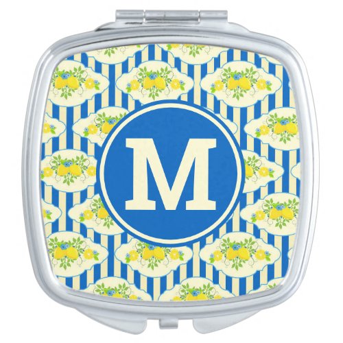 Summery Blue Stripes  Lemons and Leaves Pattern Compact Mirror
