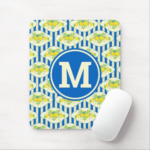 Summery Blue Stripes  Lemons and Leaves Pattern Mouse Pad