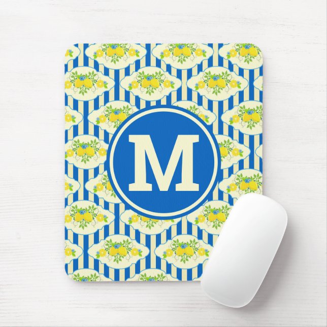 Summery Blue Stripes & Lemons and Leaves Pattern Mouse Pad (With Mouse)