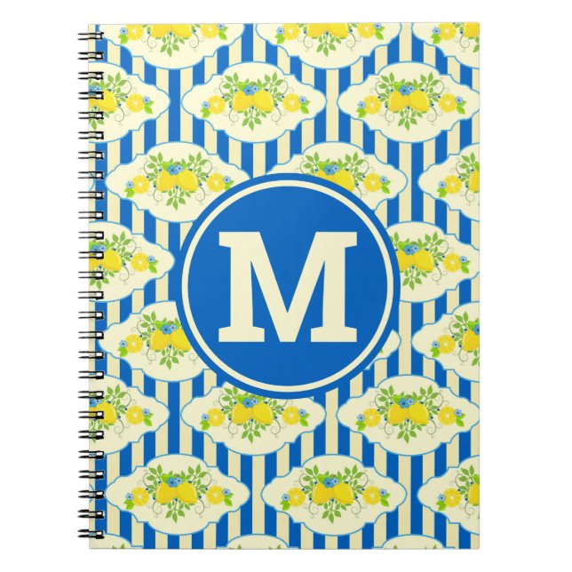 Summery Blue Stripes & Lemons and Leaves Pattern Notebook (Front)