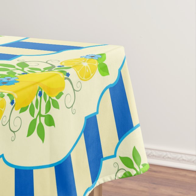 Summery Blue Stripes & Lemons and Leaves Pattern Tablecloth (In Situ)