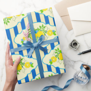 Summery Blue Stripes & Lemons and Leaves Pattern Wrapping Paper