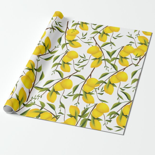 Summery Citrus Lemon Tree Branches  Wrapping Paper (Unrolled)