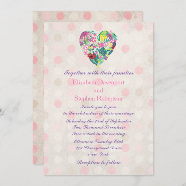 Summery Floral Heart in Pink and Green Wedding Invitation (Front/Back)