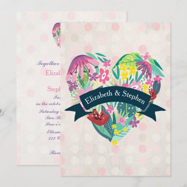 Summery Floral Heart with Ribbon Wedding Invitation (Front/Back)