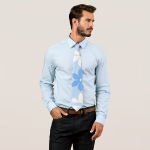 SUMMERY FLORAL PATTERN SKY LARGE BLUE WHITE FLOWER NECK TIE