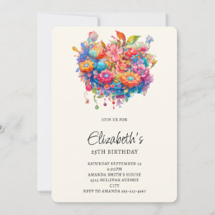 Summery Flower Bouquet Whimsical Boho Birthday Invitation
