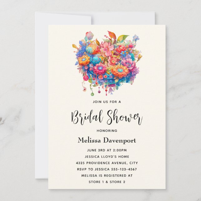 Summery Flower Bouquet Whimsical Boho Bridal Invitation (Front)